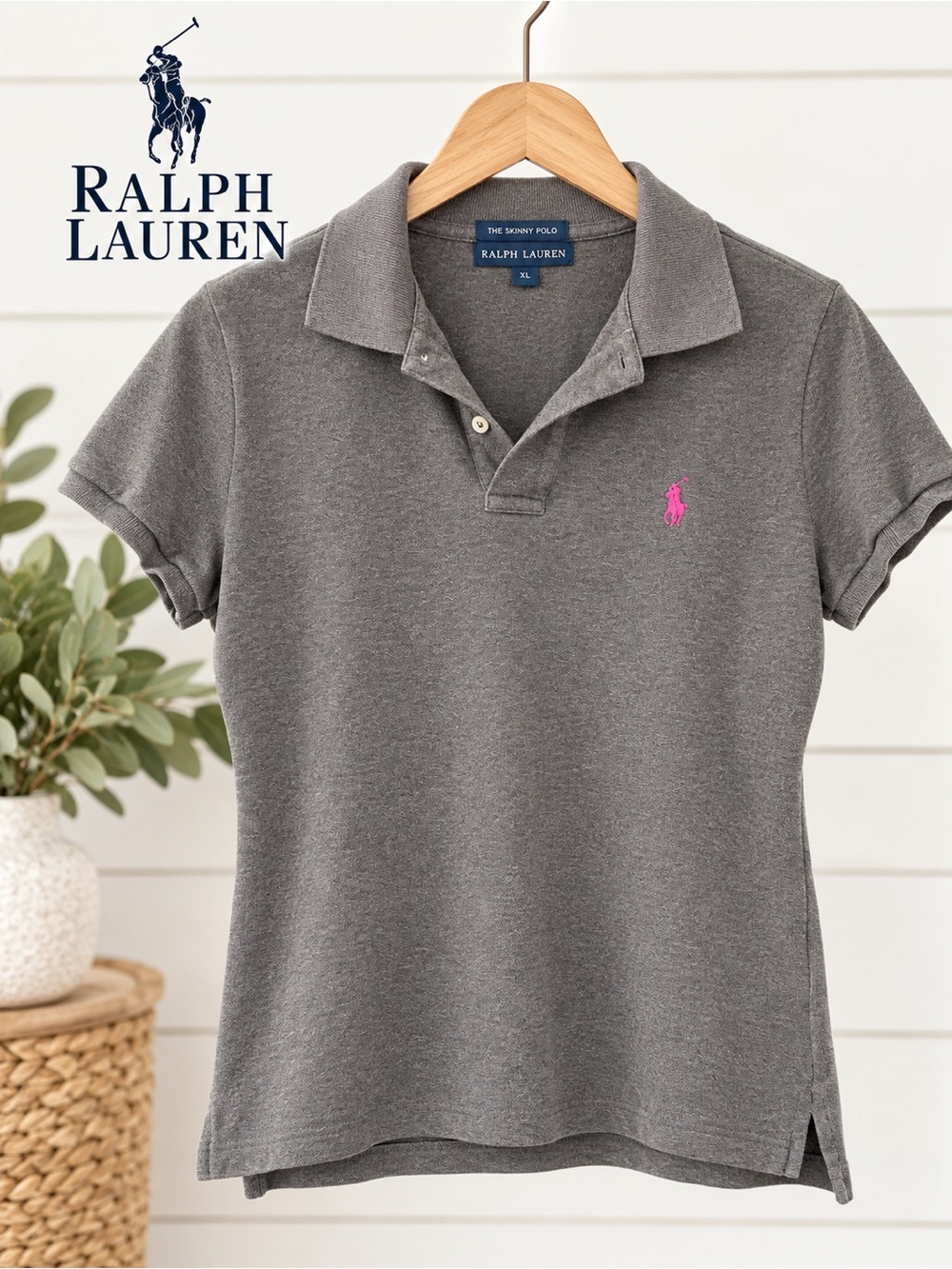 Ralph Lauren The Skinny Polo Gray Pink Pony Short Sleeve Polo Shirt XL